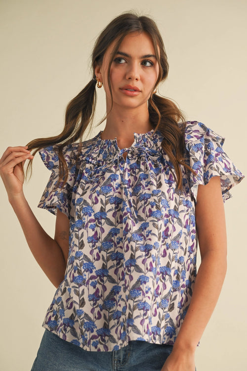 &MERCI - Floral Flutter Sleeve Smocked Top